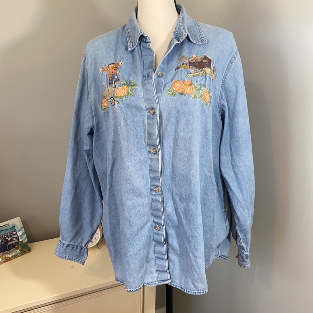 Scarecrow Pumpkin Farm Fall Denim Button Up Blouse